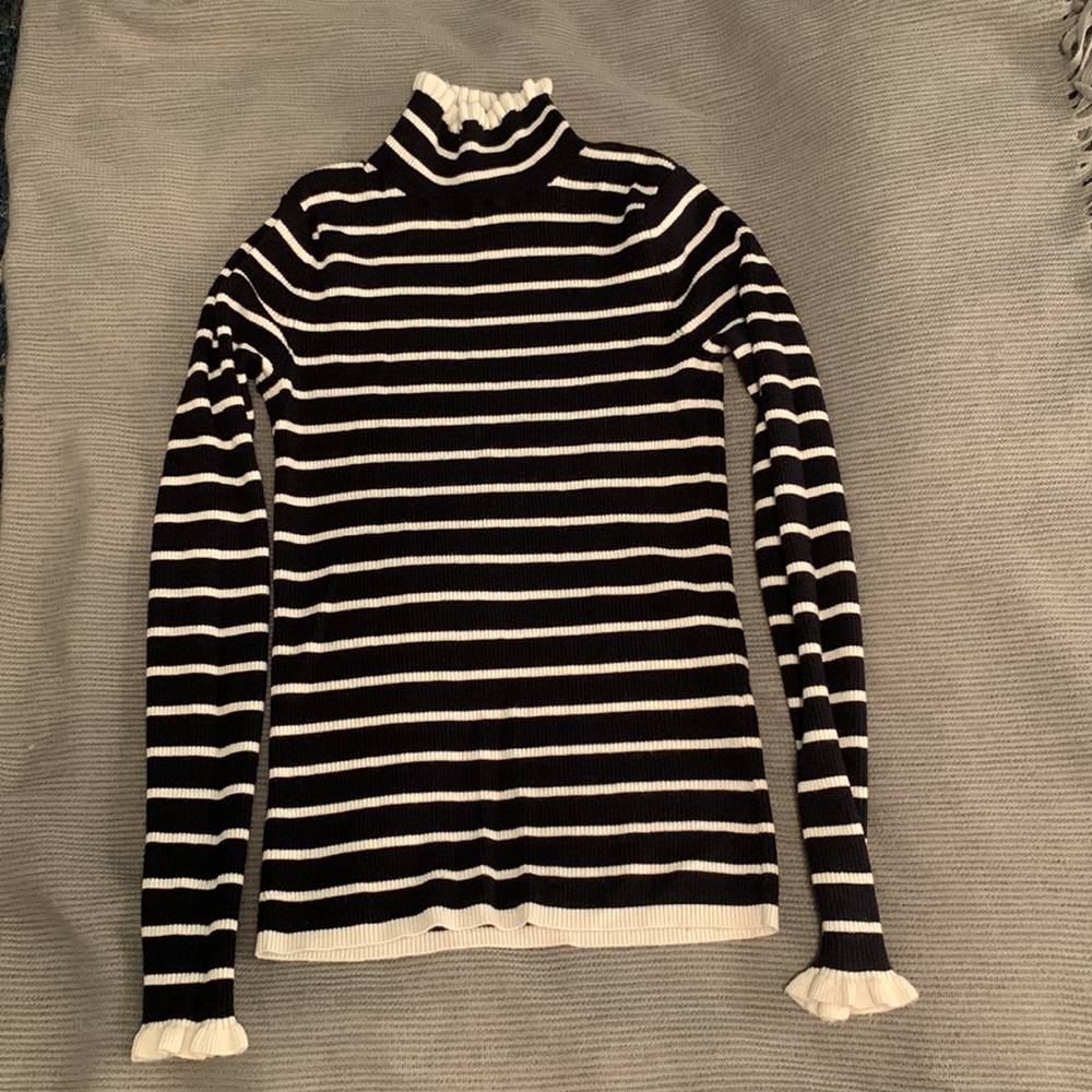 Club Monaco Blue White Horizontal Striped Ruffle Neck Wrist Wool Turtleneck